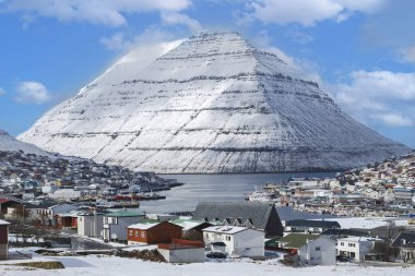 View of the town of Klaksvik on the island of Bordoy. Archipelago of the Faroe Islands in winter clipart