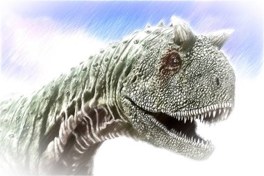 Bir Carnotaurus 'un yakın plan çizimi. Carnotaurus, Yukarı Kretase 'nin sonunda Güney Amerika' da yaşayan yırtıcı bir theropod dinozorudur. Tek tür Carnotaurus sastrei 'dir.. 