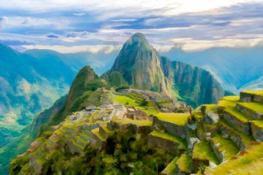 İzlenimcilik, Machu Picchu, Peru. UNESCO 'nun Dünya Mirası sitesi Antik İnka kentinin manzarası.