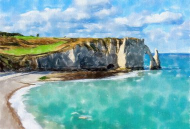 Gouache drawing of the cliffs of Etretat in Normandy. France clipart