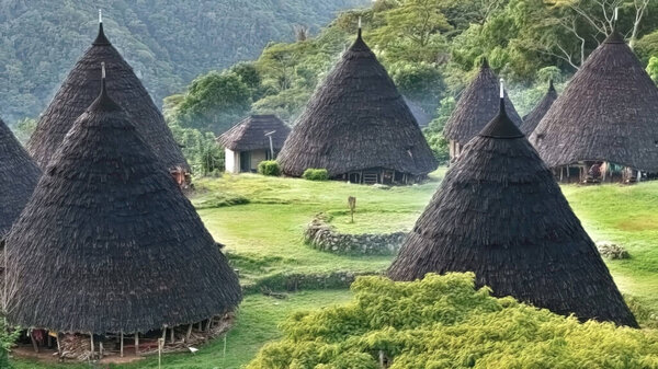  Wae Rebo or Waerebo village, East Flores island, Nusa Tenggara and its traditional thatched houses or Mbaru Niang, Indonesia. UNESCO