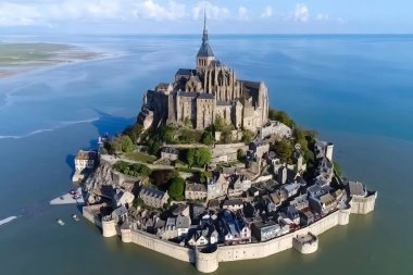 Normandiya, Manche Bölümü, Fransa, Mont-Saint-Michel sabahın erken saatlerinde mavi gökyüzünün altında