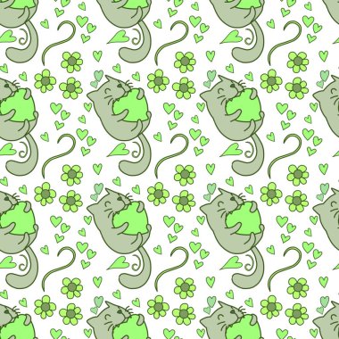 Sevgililer Günü 'nü seven el çizimi sevimli kedi, kusursuz desen, arka plan, çizgi film, baskı, sanat