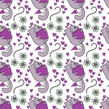 Sevgililer Günü 'nü seven el çizimi sevimli kedi, kusursuz desen, arka plan, çizgi film, baskı, sanat