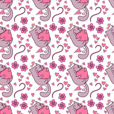 Sevgililer Günü 'nü seven el çizimi sevimli kedi, kusursuz desen, arka plan, çizgi film, baskı, sanat