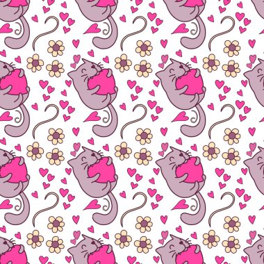 Sevgililer Günü 'nü seven el çizimi sevimli kedi, kusursuz desen, arka plan, çizgi film, baskı, sanat