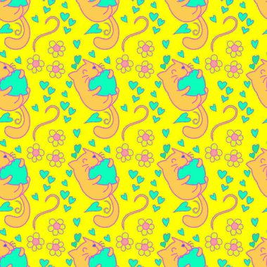 Sevgililer Günü 'nü seven el çizimi sevimli kedi, kusursuz desen, arka plan, çizgi film, baskı, sanat