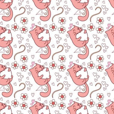 Sevgililer Günü 'nü seven el çizimi sevimli kedi, kusursuz desen, arka plan, çizgi film, baskı, sanat