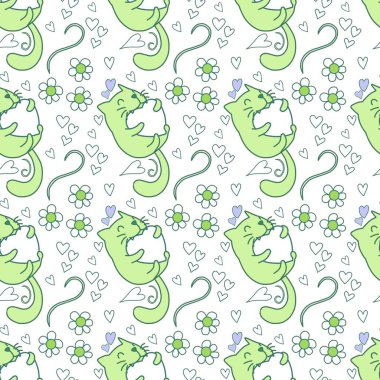 Sevgililer Günü 'nü seven el çizimi sevimli kedi, kusursuz desen, arka plan, çizgi film, baskı, sanat