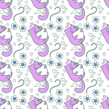 Sevgililer Günü 'nü seven el çizimi sevimli kedi, kusursuz desen, arka plan, çizgi film, baskı, sanat