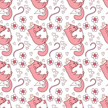 Sevgililer Günü 'nü seven el çizimi sevimli kedi, kusursuz desen, arka plan, çizgi film, baskı, sanat