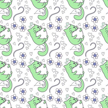 Sevgililer Günü 'nü seven el çizimi sevimli kedi, kusursuz desen, arka plan, çizgi film, baskı, sanat