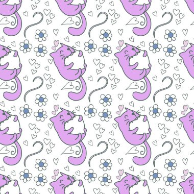 Sevgililer Günü 'nü seven el çizimi sevimli kedi, kusursuz desen, arka plan, çizgi film, baskı, sanat