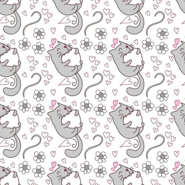 Sevgililer Günü 'nü seven el çizimi sevimli kedi, kusursuz desen, arka plan, çizgi film, baskı, sanat