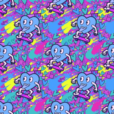 Çılgın bir fikir. Heart kaykay oynuyor. Sevgililer Günü fikri için iyi. Hip-hop geçmişi, şehir tarzı, tişört tasarımı, baskı, sanat..