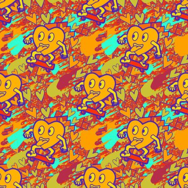 Çılgın bir fikir. Heart kaykay oynuyor. Sevgililer Günü fikri için iyi. Hip-hop geçmişi, şehir tarzı, tişört tasarımı, baskı, sanat..