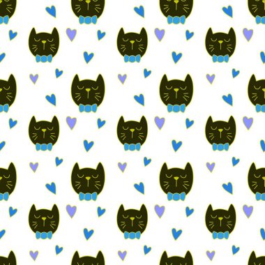 Sevgililer Günü 'nü seven el çizimi sevimli kedi, kusursuz desen, arka plan, çizgi film, baskı, sanat