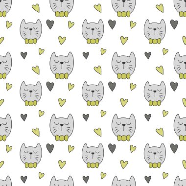 Sevgililer Günü 'nü seven el çizimi sevimli kedi, kusursuz desen, arka plan, çizgi film, baskı, sanat