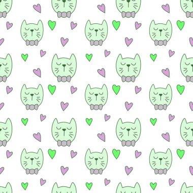 Sevgililer Günü 'nü seven el çizimi sevimli kedi, kusursuz desen, arka plan, çizgi film, baskı, sanat