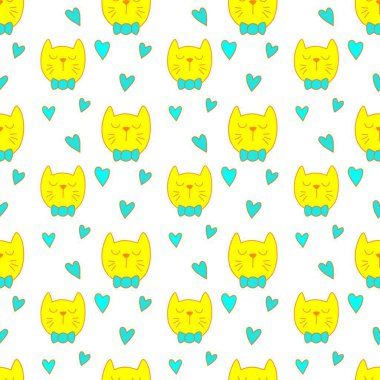 Sevgililer Günü 'nü seven el çizimi sevimli kedi, kusursuz desen, arka plan, çizgi film, baskı, sanat