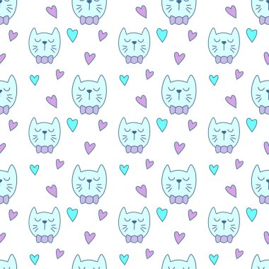 Sevgililer Günü 'nü seven el çizimi sevimli kedi, kusursuz desen, arka plan, çizgi film, baskı, sanat