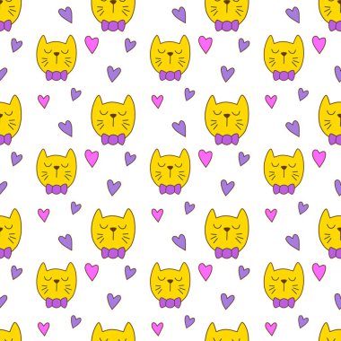 Sevgililer Günü 'nü seven el çizimi sevimli kedi, kusursuz desen, arka plan, çizgi film, baskı, sanat