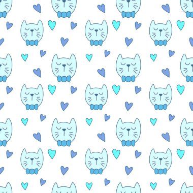 Sevgililer Günü 'nü seven el çizimi sevimli kedi, kusursuz desen, arka plan, çizgi film, baskı, sanat