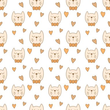 Sevgililer Günü 'nü seven el çizimi sevimli kedi, kusursuz desen, arka plan, çizgi film, baskı, sanat