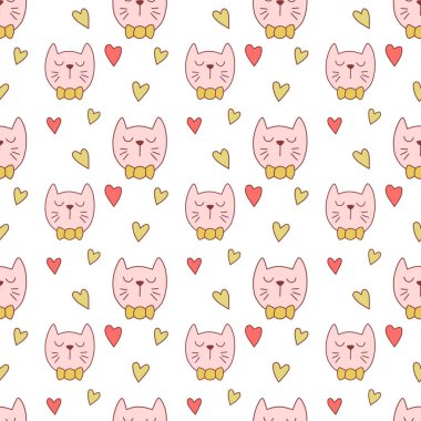 Sevgililer Günü 'nü seven el çizimi sevimli kedi, kusursuz desen, arka plan, çizgi film, baskı, sanat