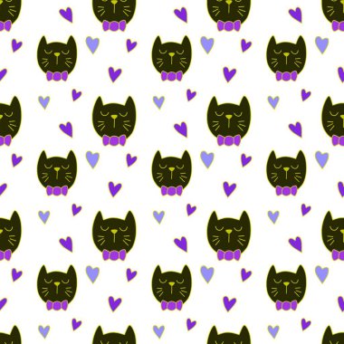 Sevgililer Günü 'nü seven el çizimi sevimli kedi, kusursuz desen, arka plan, çizgi film, baskı, sanat