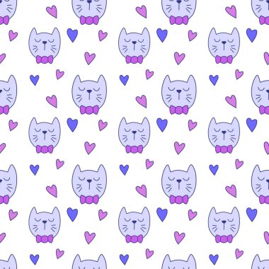 Sevgililer Günü 'nü seven el çizimi sevimli kedi, kusursuz desen, arka plan, çizgi film, baskı, sanat