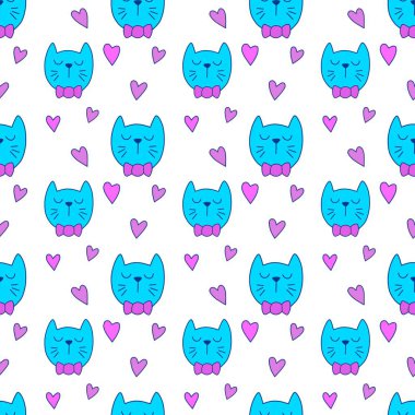 Sevgililer Günü 'nü seven el çizimi sevimli kedi, kusursuz desen, arka plan, çizgi film, baskı, sanat