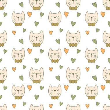 Sevgililer Günü 'nü seven el çizimi sevimli kedi, kusursuz desen, arka plan, çizgi film, baskı, sanat