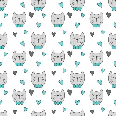 Sevgililer Günü 'nü seven el çizimi sevimli kedi, kusursuz desen, arka plan, çizgi film, baskı, sanat