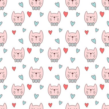 Sevgililer Günü 'nü seven el çizimi sevimli kedi, kusursuz desen, arka plan, çizgi film, baskı, sanat