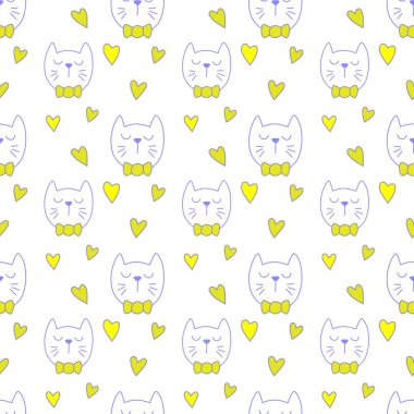 Sevgililer Günü 'nü seven el çizimi sevimli kedi, kusursuz desen, arka plan, çizgi film, baskı, sanat