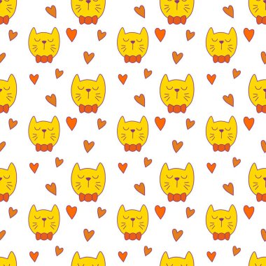 Sevgililer Günü 'nü seven el çizimi sevimli kedi, kusursuz desen, arka plan, çizgi film, baskı, sanat