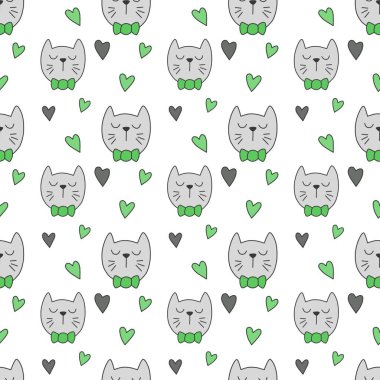 Sevgililer Günü 'nü seven el çizimi sevimli kedi, kusursuz desen, arka plan, çizgi film, baskı, sanat