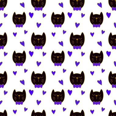 Sevgililer Günü 'nü seven el çizimi sevimli kedi, kusursuz desen, arka plan, çizgi film, baskı, sanat