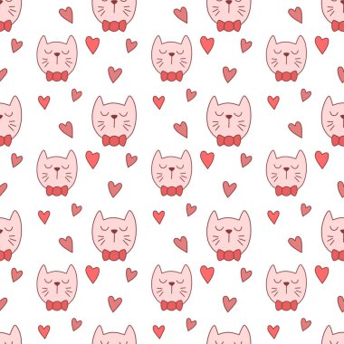 Sevgililer Günü 'nü seven el çizimi sevimli kedi, kusursuz desen, arka plan, çizgi film, baskı, sanat