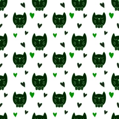 Sevgililer Günü 'nü seven el çizimi sevimli kedi, kusursuz desen, arka plan, çizgi film, baskı, sanat