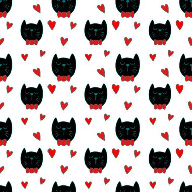 Sevgililer Günü 'nü seven el çizimi sevimli kedi, kusursuz desen, arka plan, çizgi film, baskı, sanat