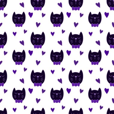 Sevgililer Günü 'nü seven el çizimi sevimli kedi, kusursuz desen, arka plan, çizgi film, baskı, sanat