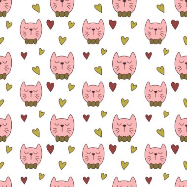 Sevgililer Günü 'nü seven el çizimi sevimli kedi, kusursuz desen, arka plan, çizgi film, baskı, sanat