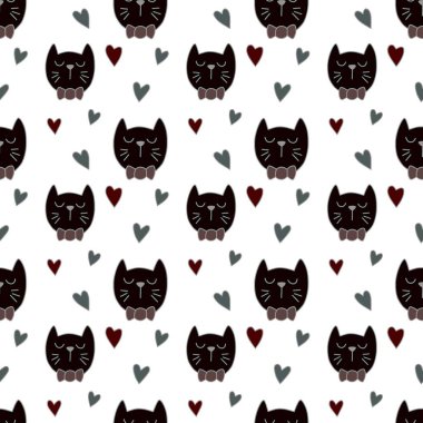 Sevgililer Günü 'nü seven el çizimi sevimli kedi, kusursuz desen, arka plan, çizgi film, baskı, sanat