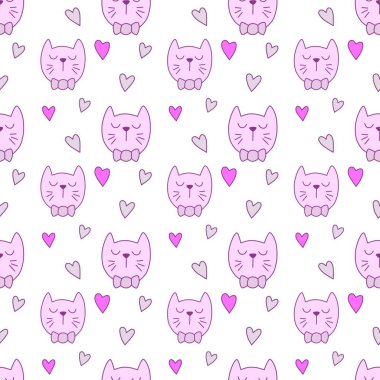 Sevgililer Günü 'nü seven el çizimi sevimli kedi, kusursuz desen, arka plan, çizgi film, baskı, sanat