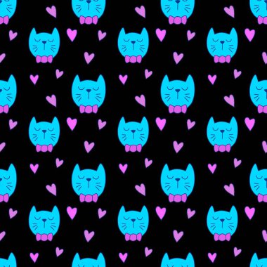 Sevgililer Günü 'nü seven el çizimi sevimli kedi, kusursuz desen, arka plan, çizgi film, baskı, sanat