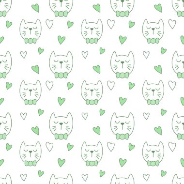 Sevgililer Günü 'nü seven el çizimi sevimli kedi, kusursuz desen, arka plan, çizgi film, baskı, sanat