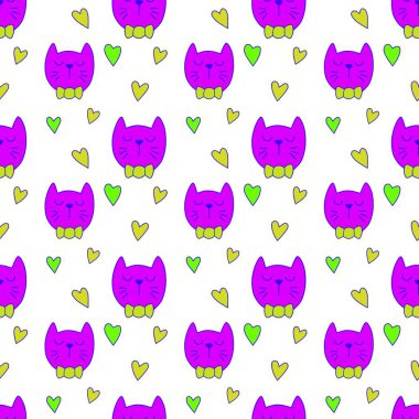 Sevgililer Günü 'nü seven el çizimi sevimli kedi, kusursuz desen, arka plan, çizgi film, baskı, sanat