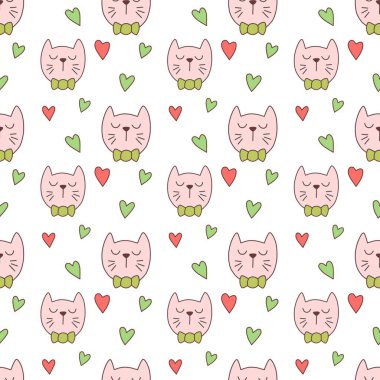 Sevgililer Günü 'nü seven el çizimi sevimli kedi, kusursuz desen, arka plan, çizgi film, baskı, sanat